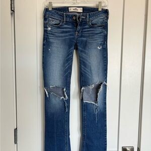 Hollister Women's Blue Boot Cut Jeans with Distressed Knees